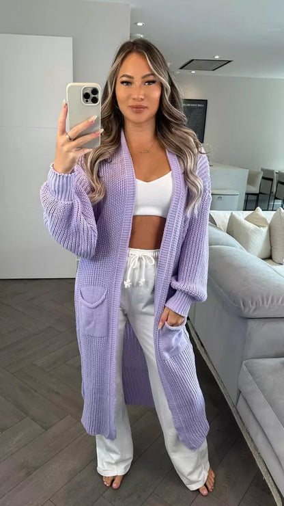 Ladies Chunky Knitted Oversized Cardigan Women Balloon Sleeve Long Maxi Cardigan Front Pockets