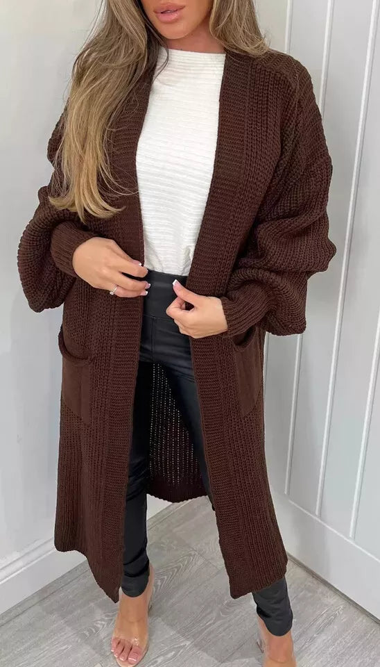 Ladies Chunky Knitted Oversized Cardigan Women Balloon Sleeve Long Maxi Cardigan Front Pockets