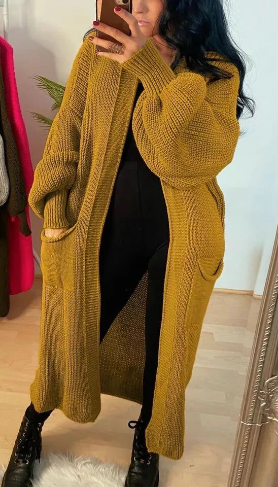 Ladies Chunky Knitted Oversized Cardigan Women Balloon Sleeve Long Maxi Cardigan Front Pockets