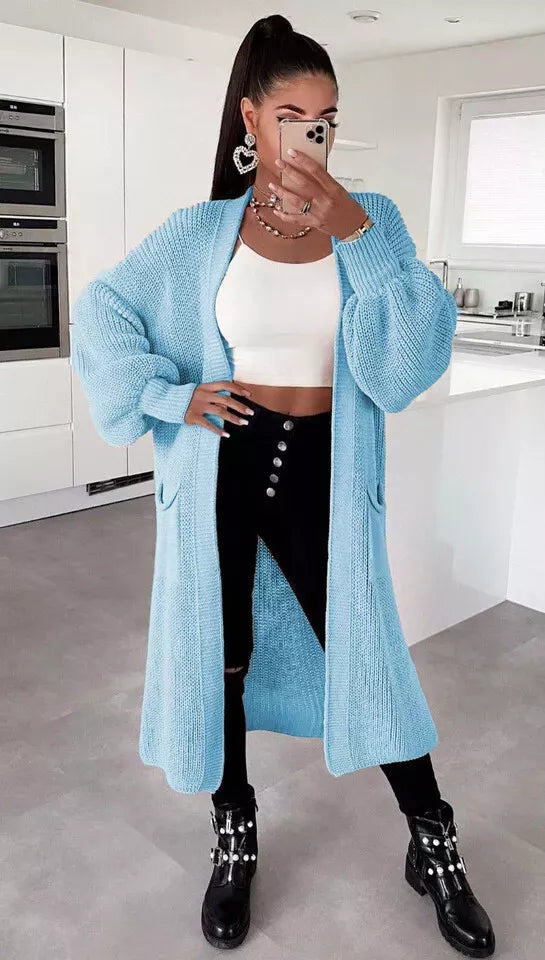 Ladies Chunky Knitted Oversized Cardigan Women Balloon Sleeve Long Maxi Cardigan Front Pockets