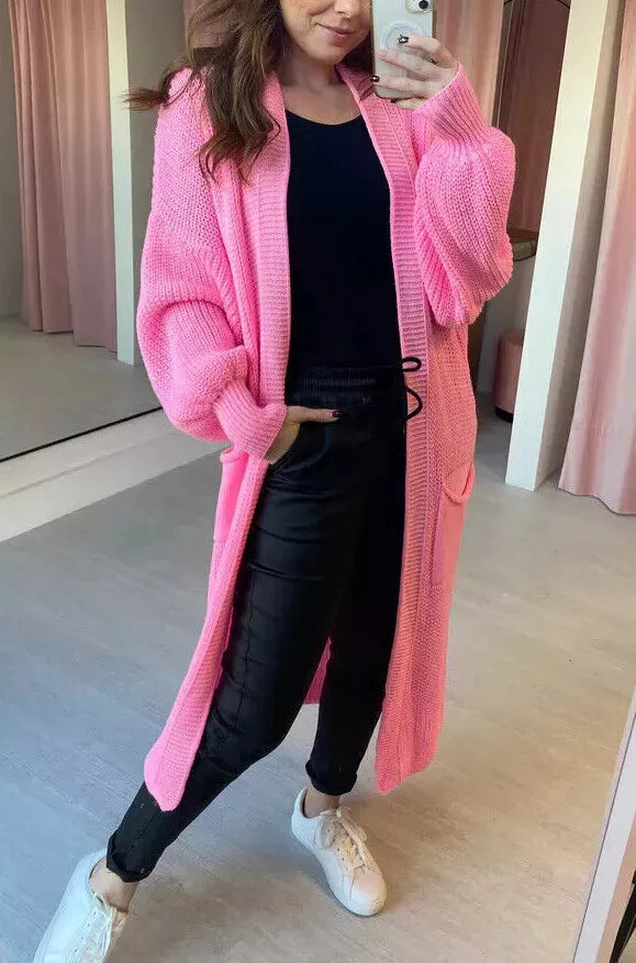 Ladies Chunky Knitted Oversized Cardigan Women Balloon Sleeve Long Maxi Cardigan Front Pockets