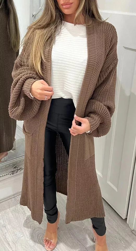 Ladies Chunky Knitted Oversized Cardigan Women Balloon Sleeve Long Maxi Cardigan Front Pockets