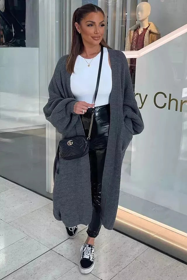 Ladies Chunky Knitted Oversized Cardigan Women Balloon Sleeve Long Maxi Cardigan Front Pockets