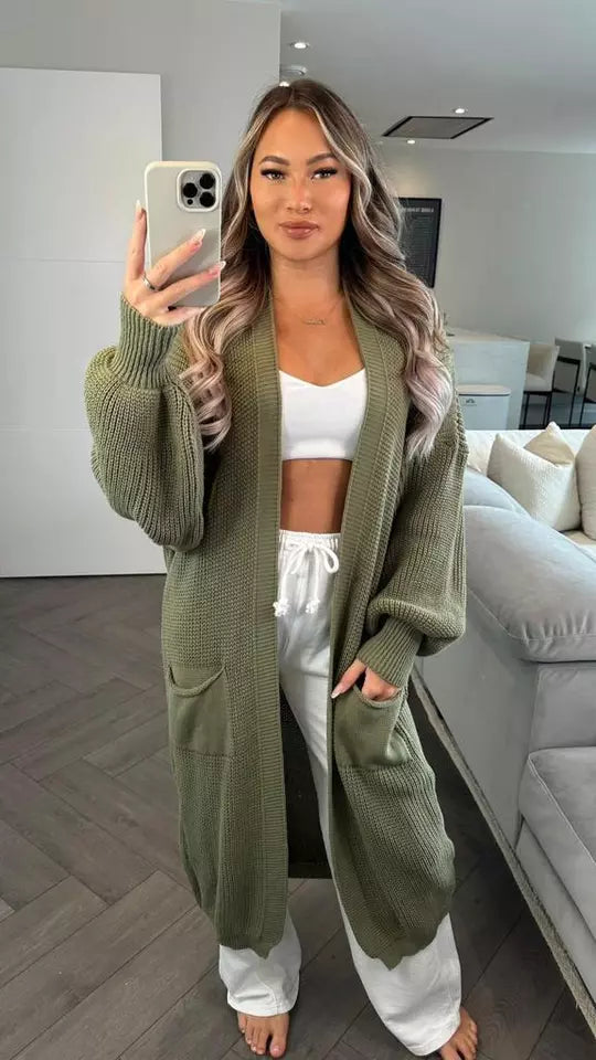 Ladies Chunky Knitted Oversized Cardigan Women Balloon Sleeve Long Maxi Cardigan Front Pockets