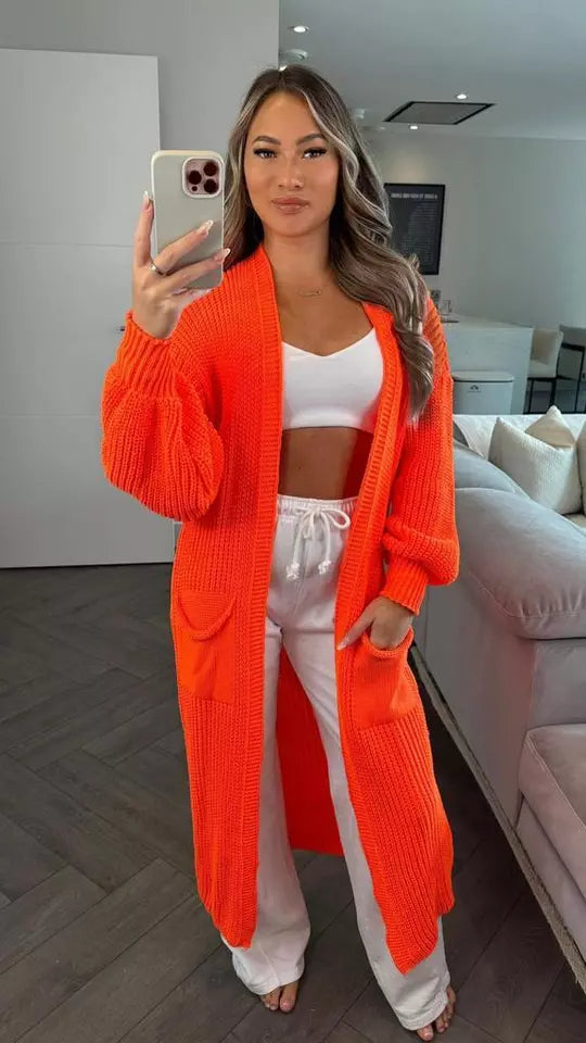 Ladies Chunky Knitted Oversized Cardigan Women Balloon Sleeve Long Maxi Cardigan Front Pockets