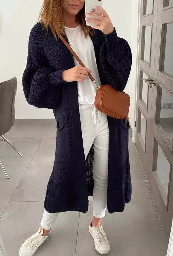 Ladies Chunky Knitted Oversized Cardigan Women Balloon Sleeve Long Maxi Cardigan Front Pockets