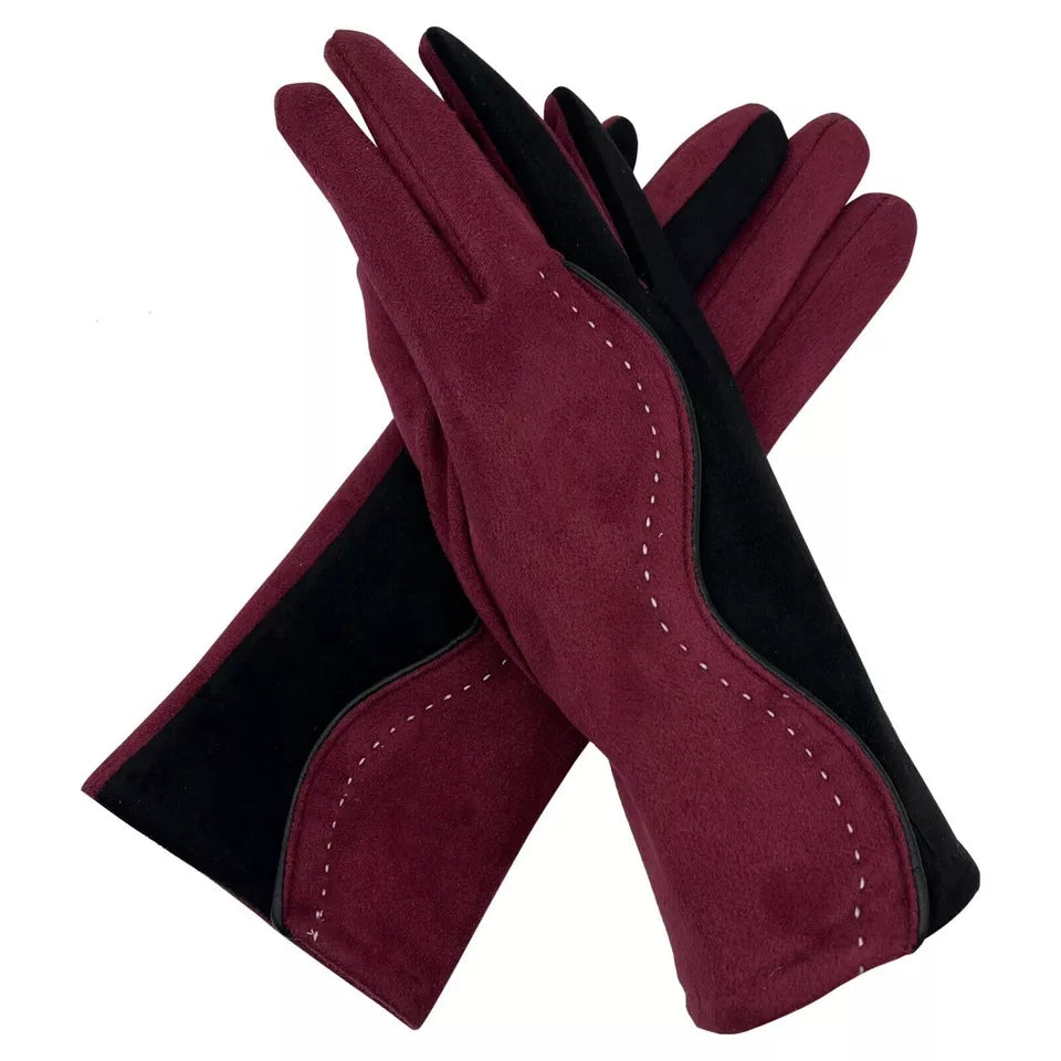 Women Faux Suede Cosy Gloves Ladies Multicolour Two Tone Stitch Detail Winter Warm Touch Screen Gloves