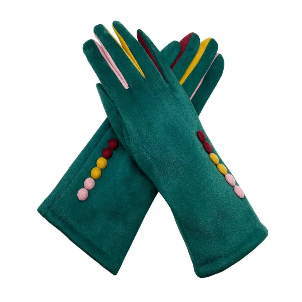 Women Fleece Cosy Gloves Ladies Colourful Buttons Pattern Winter Warm Gloves Touch Screen Gloves