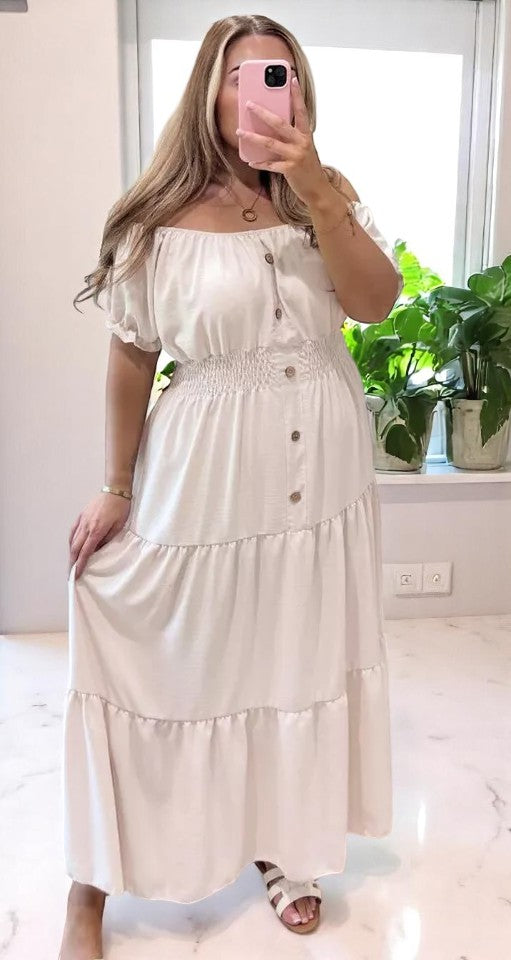 Women Elasticated Bardot Off Shoulder Button Magic Ladies Summer Stretchy Long Maxi Dress