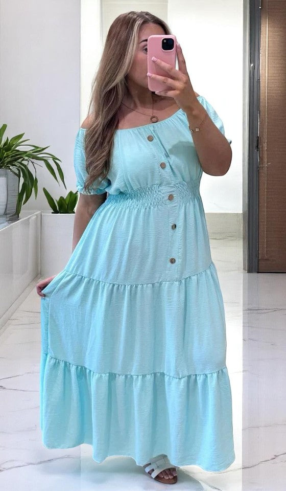 Women Elasticated Bardot Off Shoulder Button Magic Ladies Summer Stretchy Long Maxi Dress