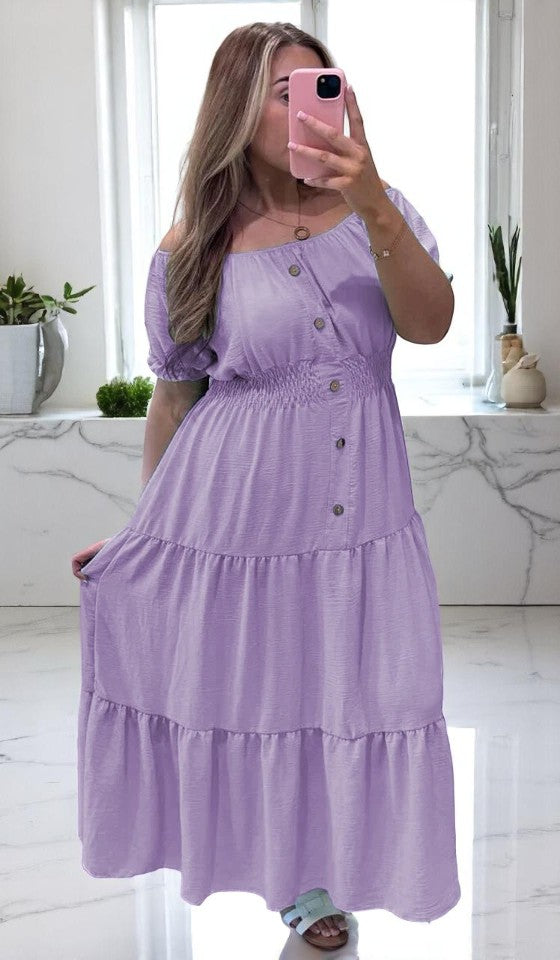 Women Elasticated Bardot Off Shoulder Button Magic Ladies Summer Stretchy Long Maxi Dress