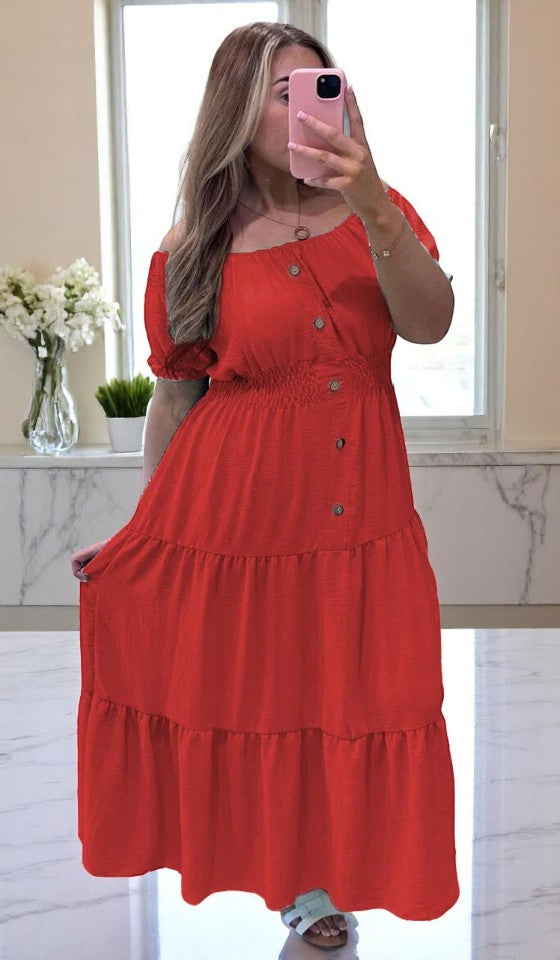 Women Elasticated Bardot Off Shoulder Button Magic Ladies Summer Stretchy Long Maxi Dress