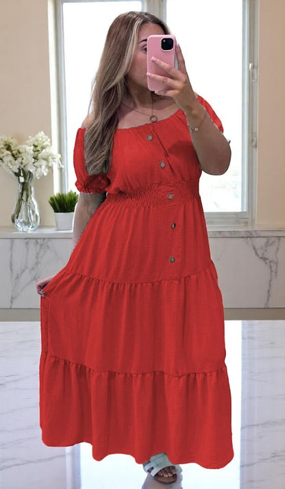 Women Elasticated Bardot Off Shoulder Button Magic Ladies Summer Stretchy Long Maxi Dress