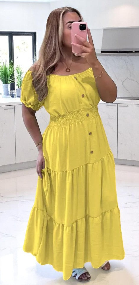 Women Elasticated Bardot Off Shoulder Button Magic Ladies Summer Stretchy Long Maxi Dress