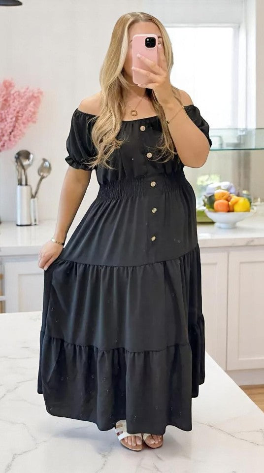 Women Elasticated Bardot Off Shoulder Button Magic Ladies Summer Stretchy Long Maxi Dress