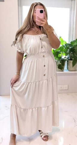 Women Elasticated Bardot Off Shoulder Button Magic Ladies Summer Stretchy Long Maxi Dress