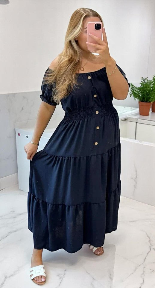 Women Elasticated Bardot Off Shoulder Button Magic Ladies Summer Stretchy Long Maxi Dress