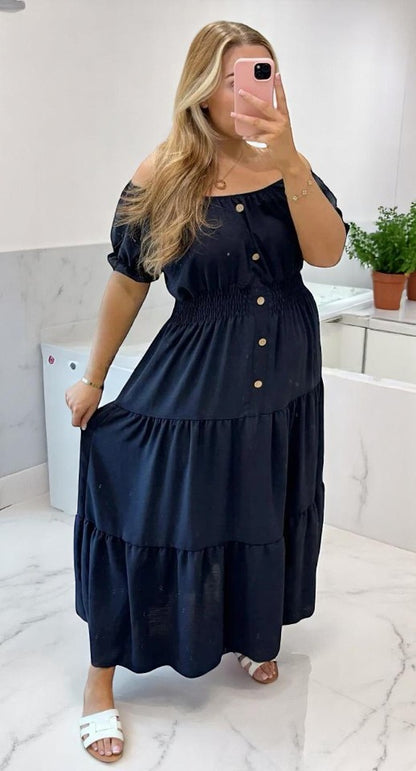 Women Elasticated Bardot Off Shoulder Button Magic Ladies Summer Stretchy Long Maxi Dress