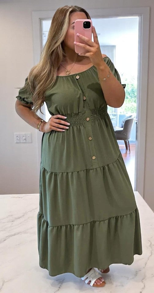 Women Elasticated Bardot Off Shoulder Button Magic Ladies Summer Stretchy Long Maxi Dress