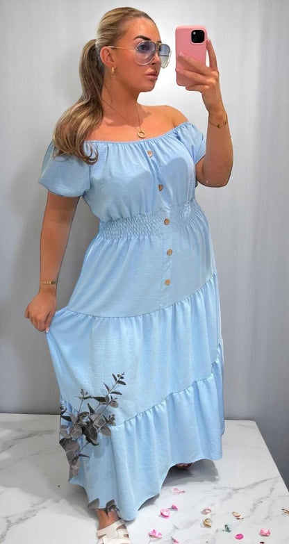 Women Elasticated Bardot Off Shoulder Button Magic Ladies Summer Stretchy Long Maxi Dress