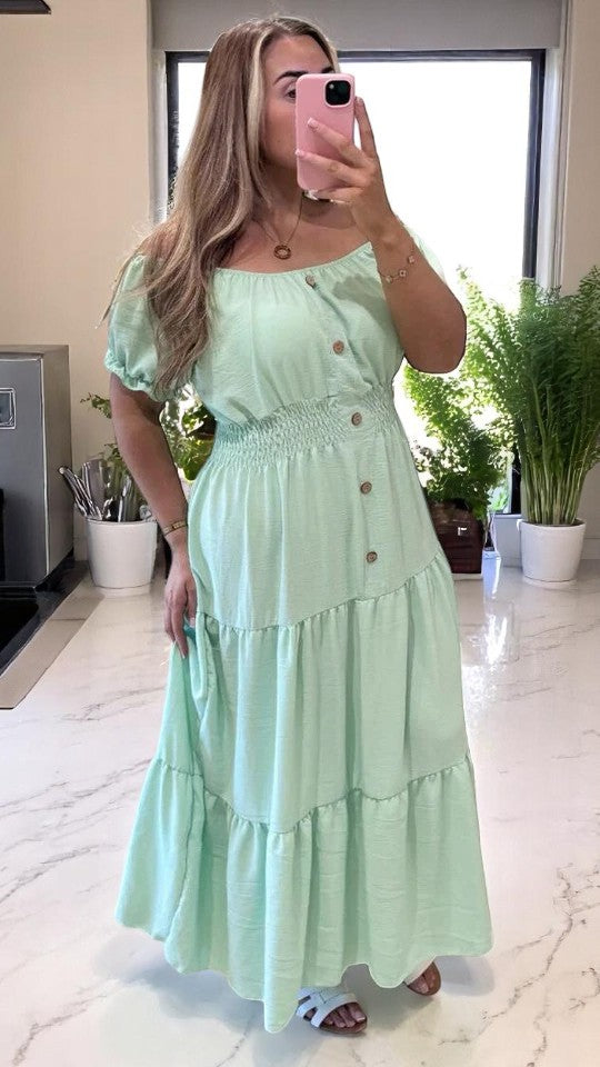 Women Elasticated Bardot Off Shoulder Button Magic Ladies Summer Stretchy Long Maxi Dress