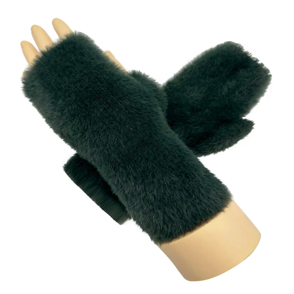 Women Soft Fluffy Faux Fur Fingerless Gloves Fleece Lining Ladies Solid Coloured Winter Warm Gloves