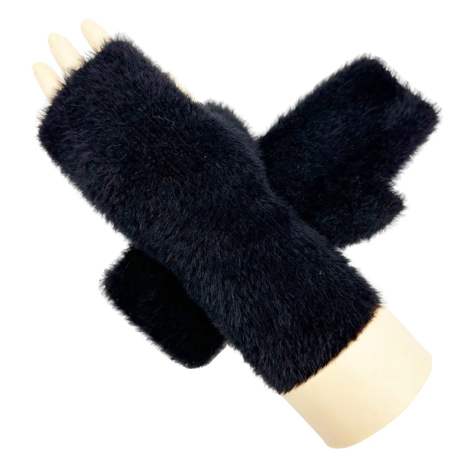 Women Soft Fluffy Faux Fur Fingerless Gloves Fleece Lining Ladies Solid Coloured Winter Warm Gloves