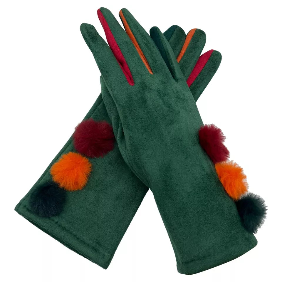 Women Multi Colour Pom Pom Gloves Winter Warm Soft Fleece Thermal Touch Screen Ladies Gloves