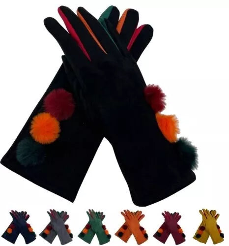 Women Multi Colour Pom Pom Gloves Winter Warm Soft Fleece Thermal Touch Screen Ladies Gloves