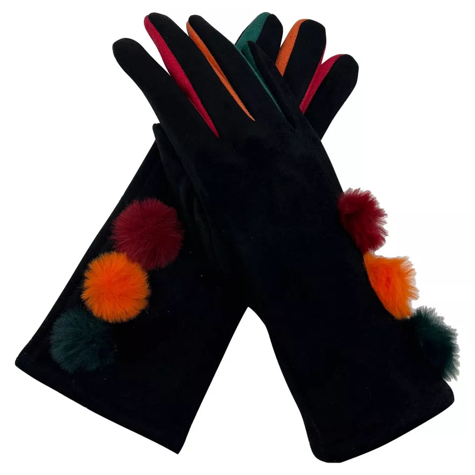 Women Multi Colour Pom Pom Gloves Winter Warm Soft Fleece Thermal Touch Screen Ladies Gloves