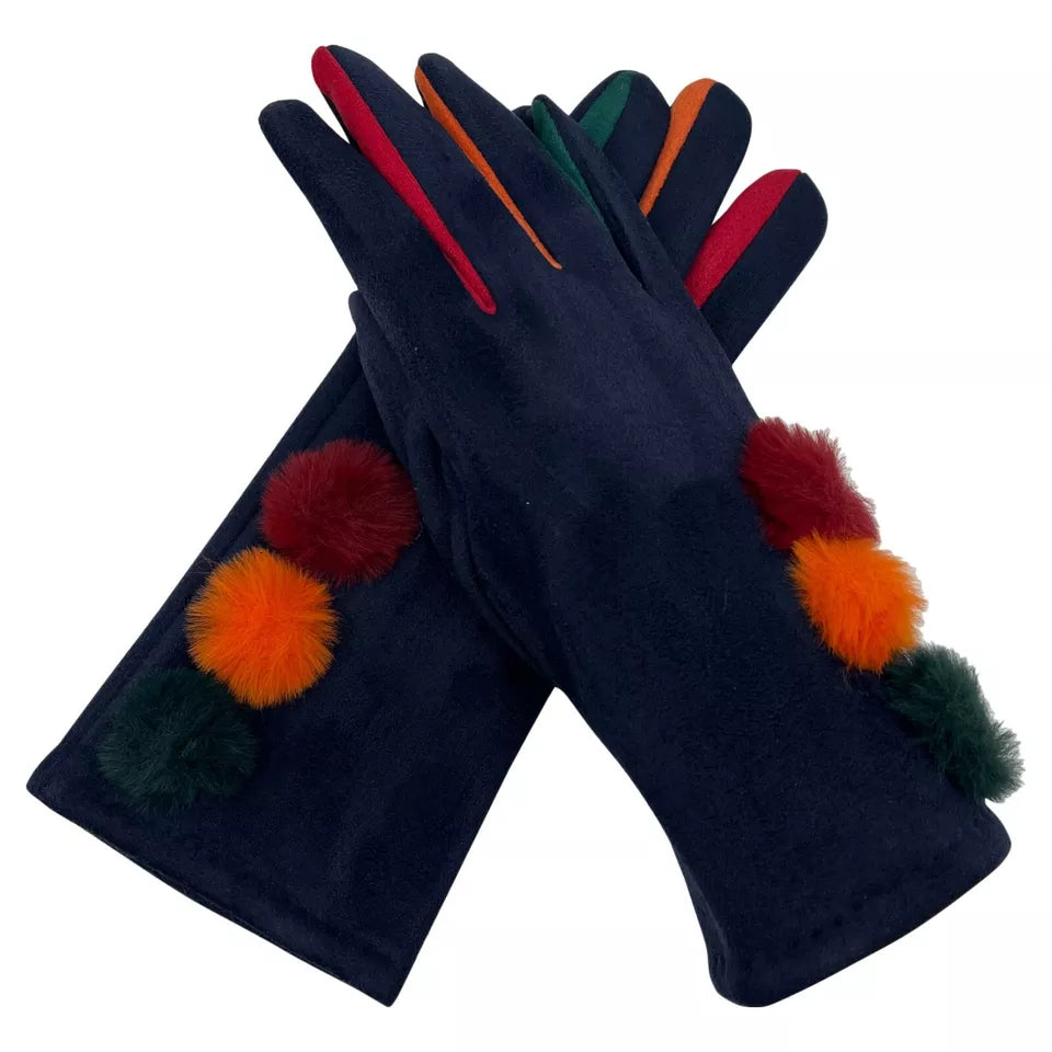 Women Multi Colour Pom Pom Gloves Winter Warm Soft Fleece Thermal Touch Screen Ladies Gloves