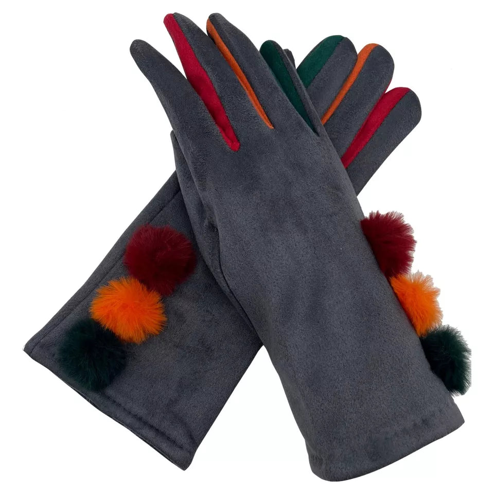 Women Multi Colour Pom Pom Gloves Winter Warm Soft Fleece Thermal Touch Screen Ladies Gloves