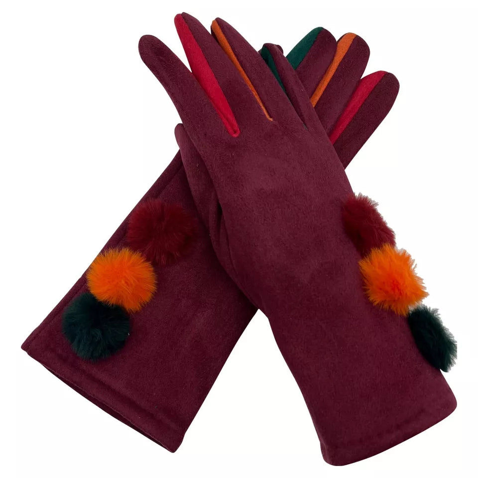 Women Multi Colour Pom Pom Gloves Winter Warm Soft Fleece Thermal Touch Screen Ladies Gloves