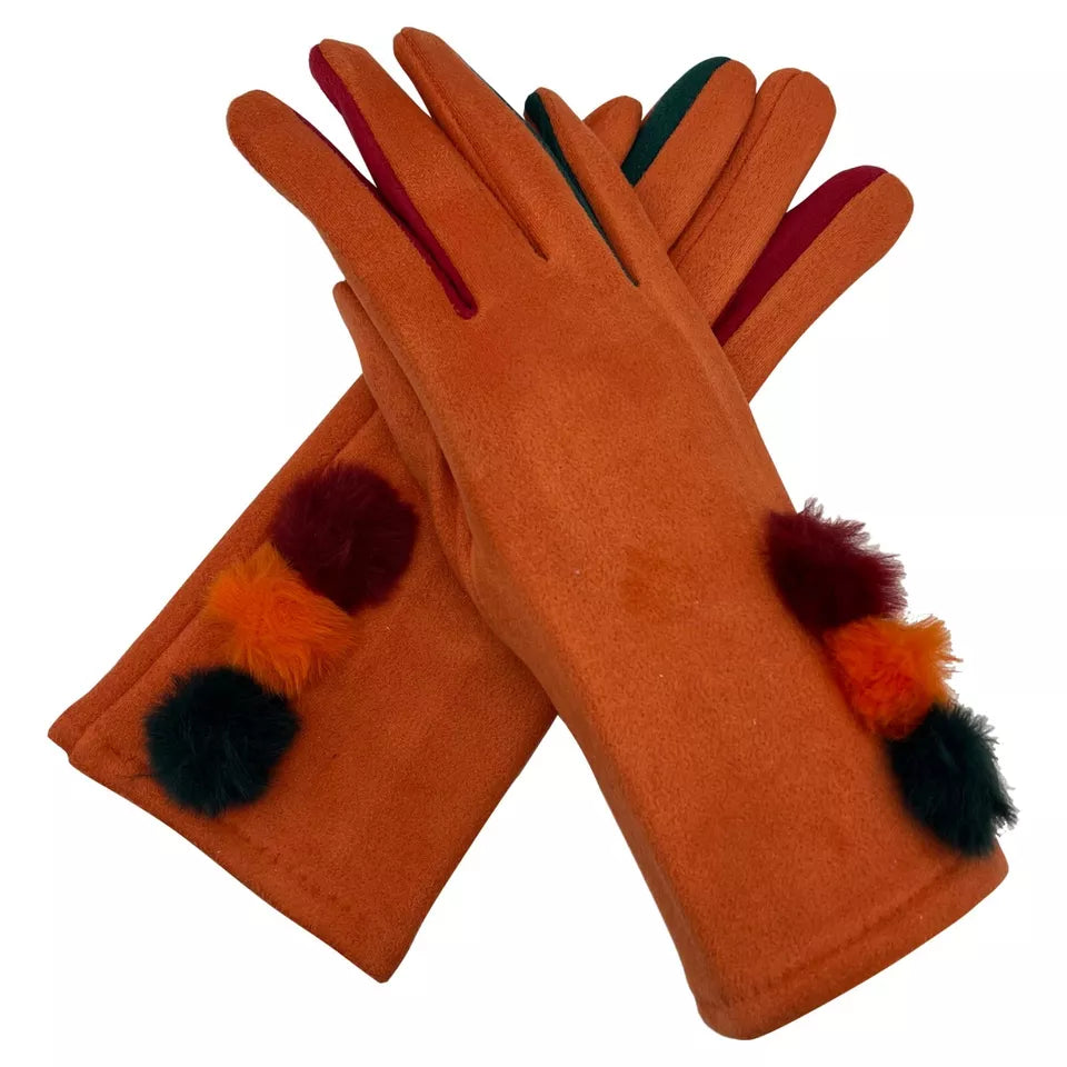 Women Multi Colour Pom Pom Gloves Winter Warm Soft Fleece Thermal Touch Screen Ladies Gloves