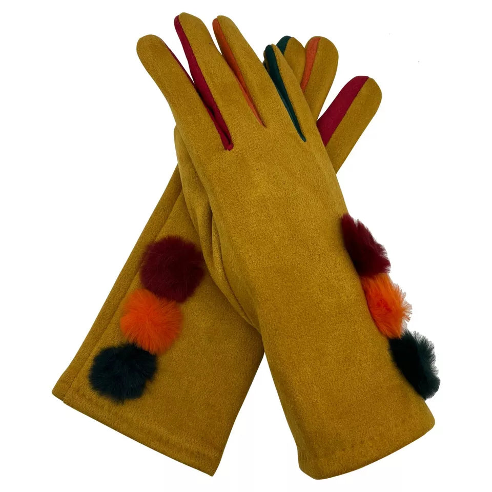 Women Multi Colour Pom Pom Gloves Winter Warm Soft Fleece Thermal Touch Screen Ladies Gloves