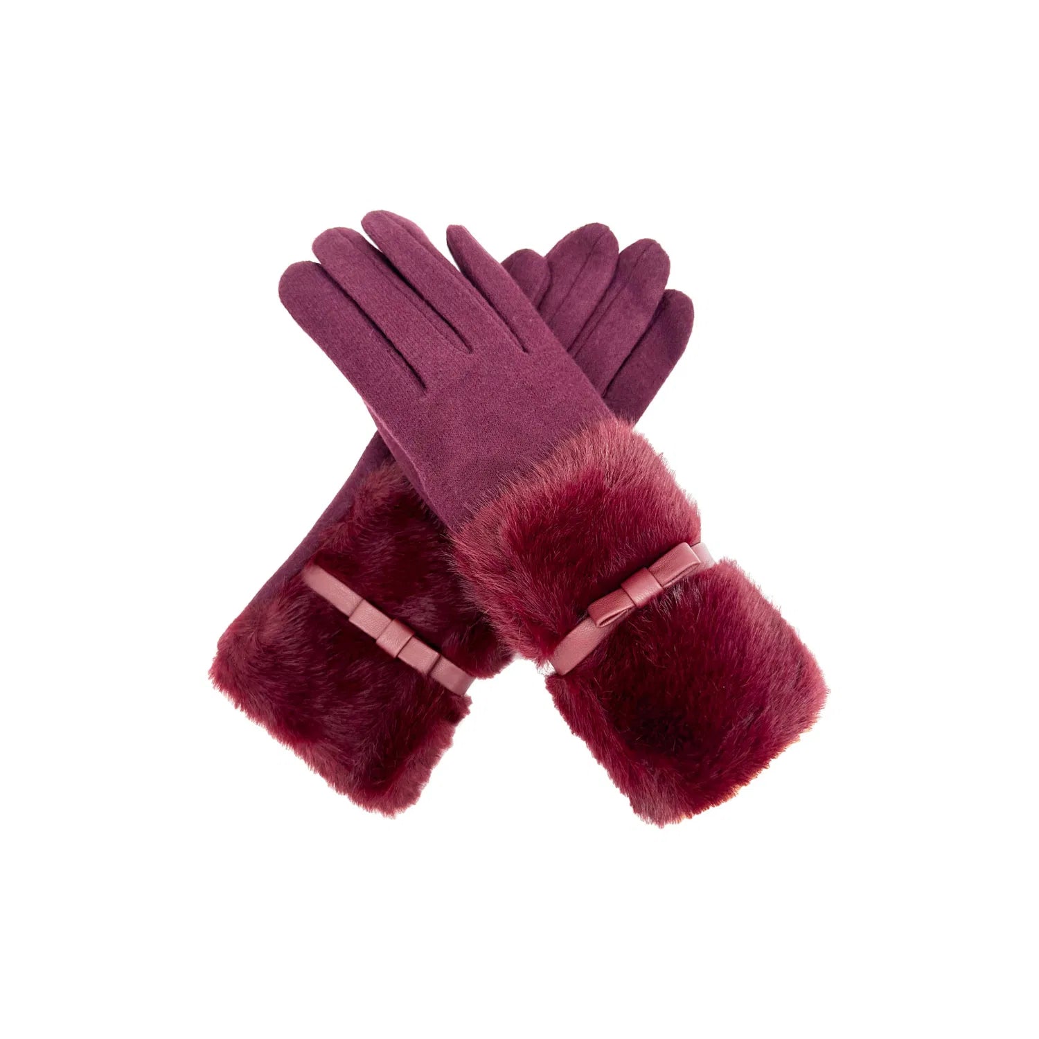 Women Soft Cosy Fashion Gloves Plain Faux Fur Cuff & Bow Detail Touch Screen Gloves