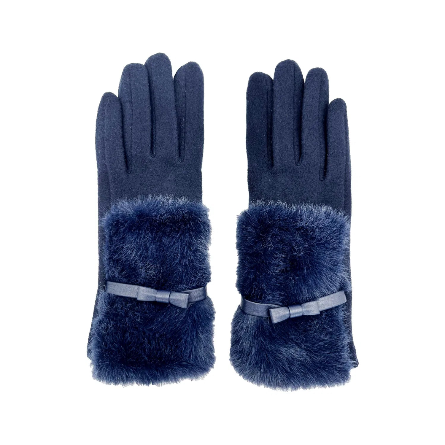 Women Soft Cosy Fashion Gloves Plain Faux Fur Cuff & Bow Detail Touch Screen Gloves