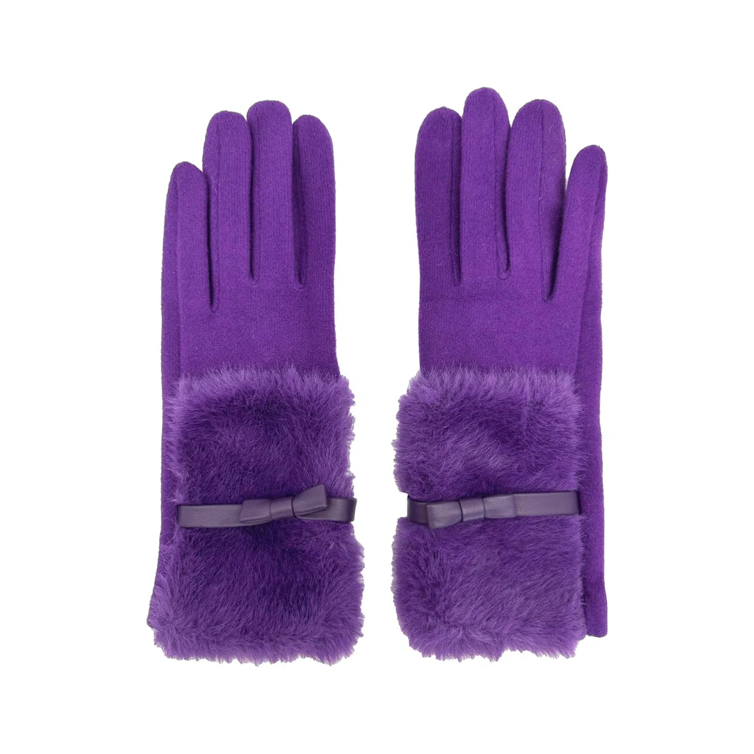 Women Soft Cosy Fashion Gloves Plain Faux Fur Cuff & Bow Detail Touch Screen Gloves