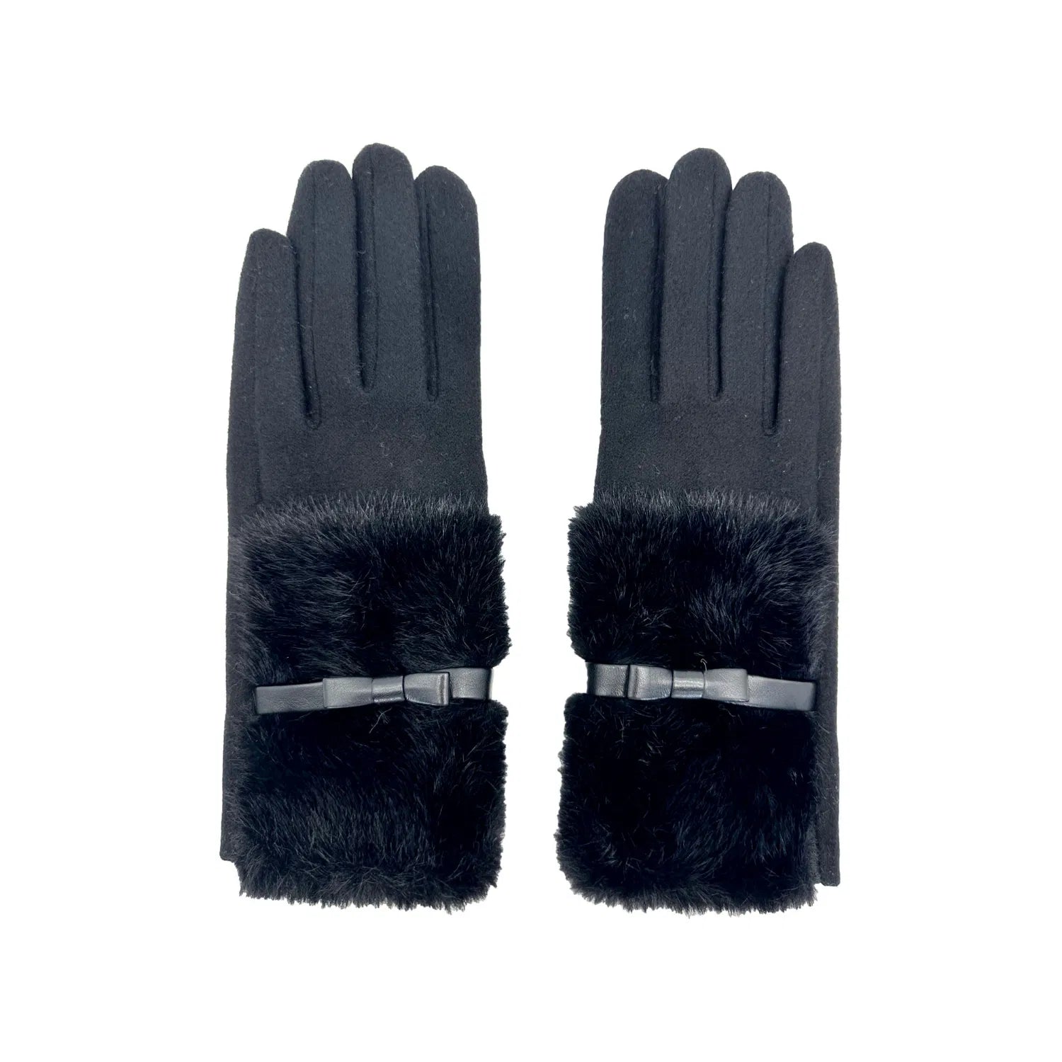 Women Soft Cosy Fashion Gloves Plain Faux Fur Cuff & Bow Detail Touch Screen Gloves