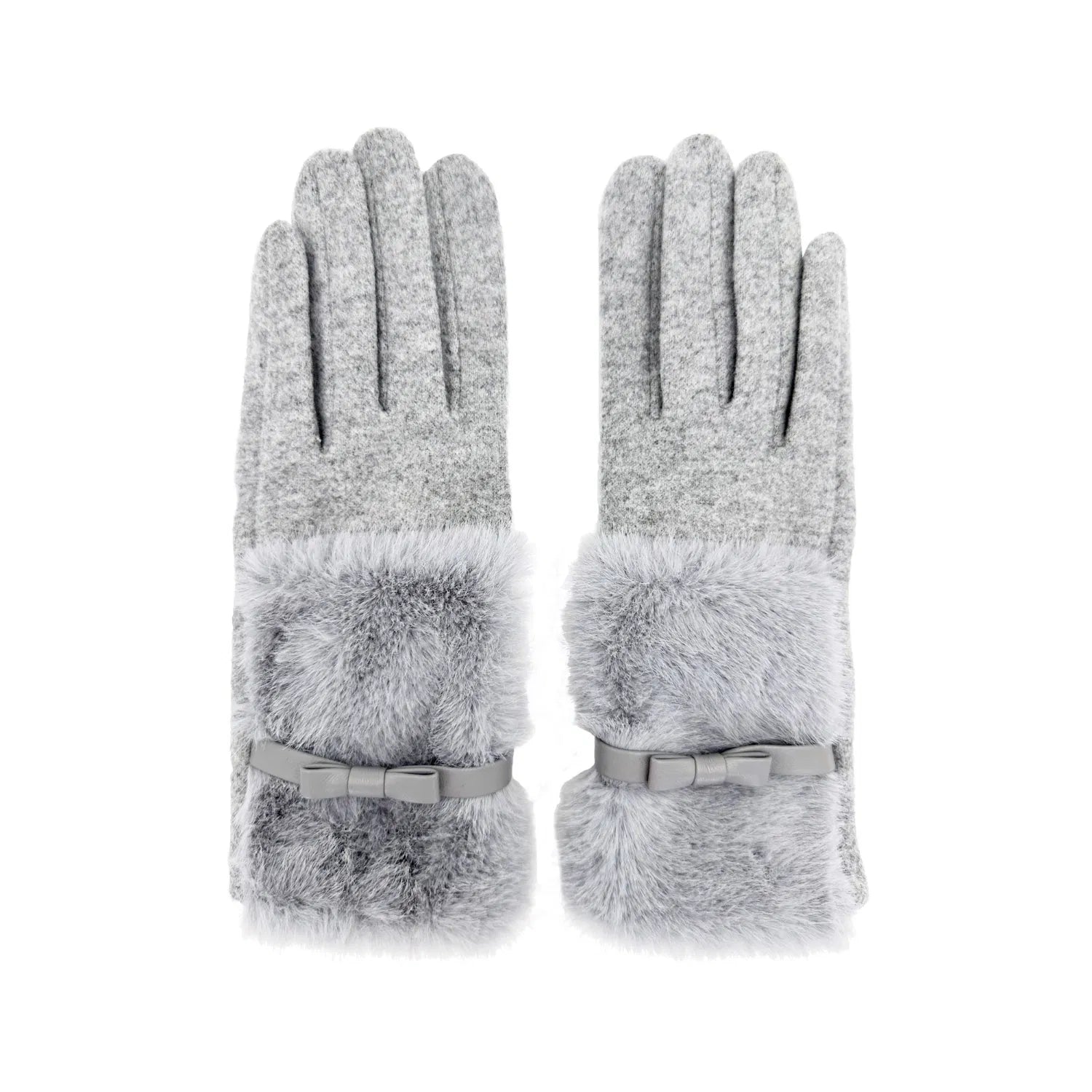 Women Soft Cosy Fashion Gloves Plain Faux Fur Cuff & Bow Detail Touch Screen Gloves