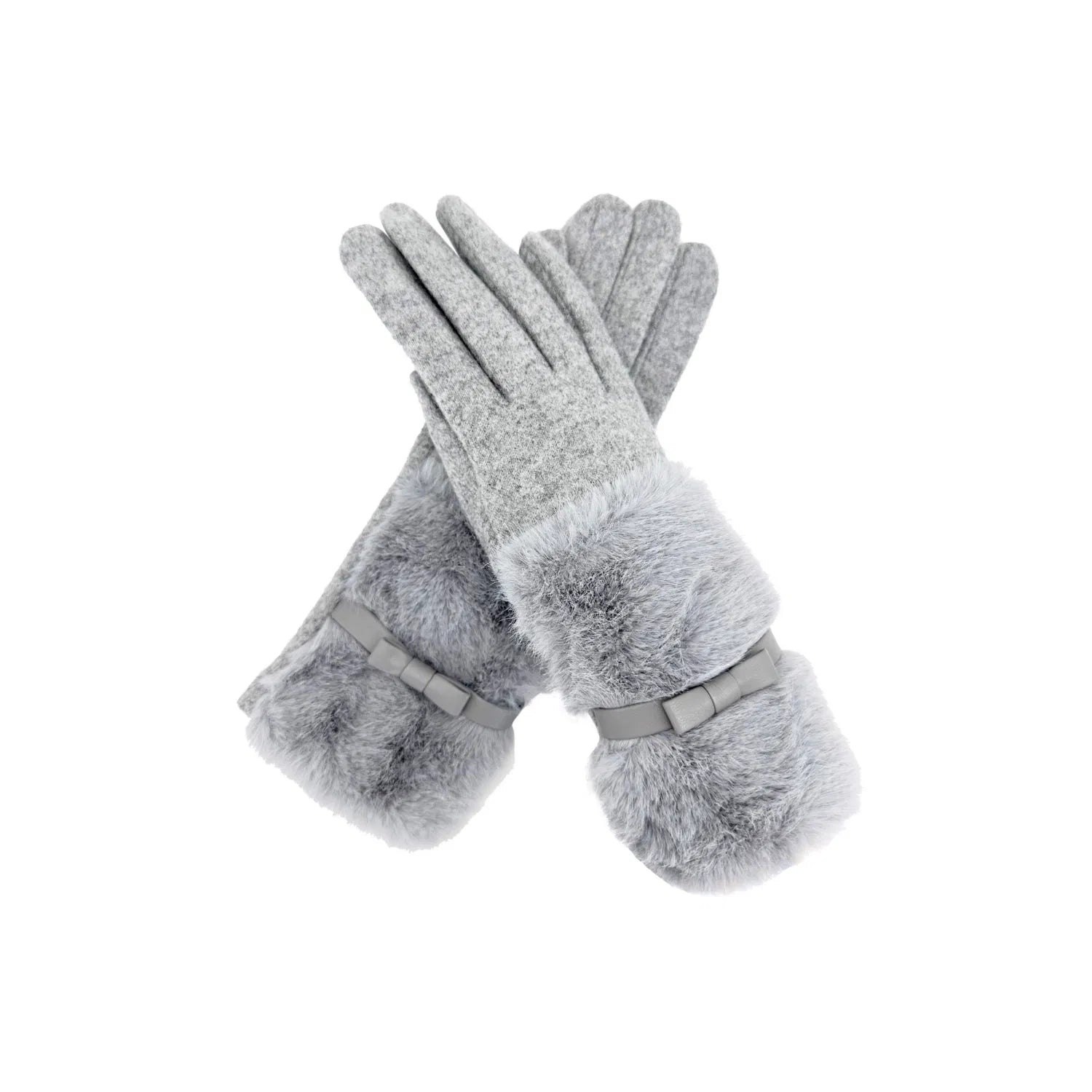 Women Soft Cosy Fashion Gloves Plain Faux Fur Cuff & Bow Detail Touch Screen Gloves