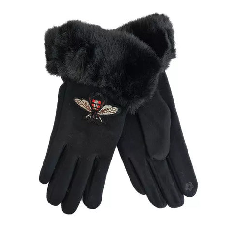 Women Thermal Winter Gloves Bee embroidered Faux Fur Cuff Fleece Warm Fur Lined Touch Screen Gloves