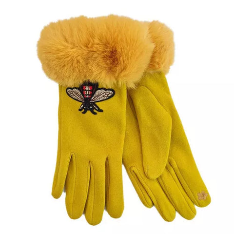 Women Thermal Winter Gloves Bee embroidered Faux Fur Cuff Fleece Warm Fur Lined Touch Screen Gloves