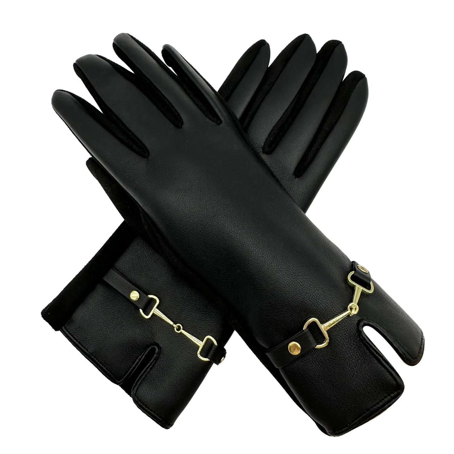 Women Winter Warm Fashion Gloves PU Faux Leather Buckle Accent & Coloured Fingers Fleece Lining Touchscreen