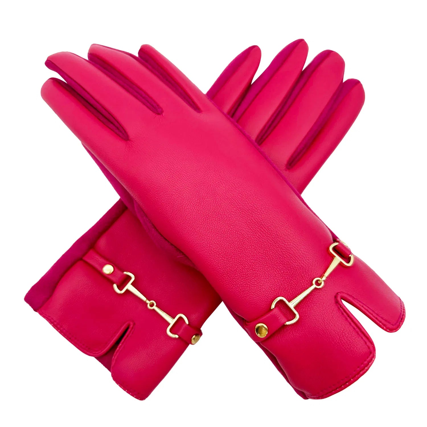 Women Winter Warm Fashion Gloves PU Faux Leather Buckle Accent & Coloured Fingers Fleece Lining Touchscreen