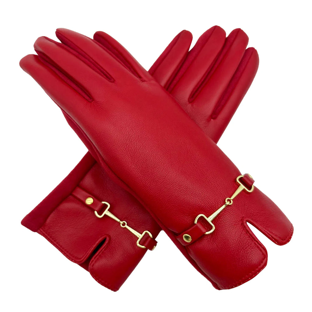 Women Winter Warm Fashion Gloves PU Faux Leather Buckle Accent & Coloured Fingers Fleece Lining Touchscreen