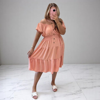 Women's Ladies Elastic Bardot Off Shoulder Magic Button Summer Smock Tiered Midi Dress