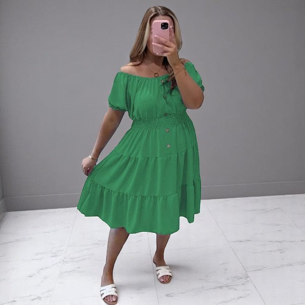 Women's Ladies Elastic Bardot Off Shoulder Magic Button Summer Smock Tiered Midi Dress