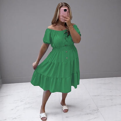 Women's Ladies Elastic Bardot Off Shoulder Magic Button Summer Smock Tiered Midi Dress