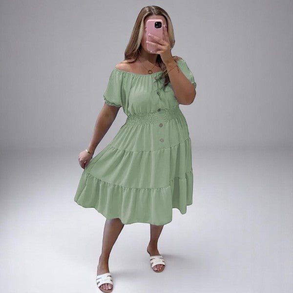 Women's Ladies Elastic Bardot Off Shoulder Magic Button Summer Smock Tiered Midi Dress
